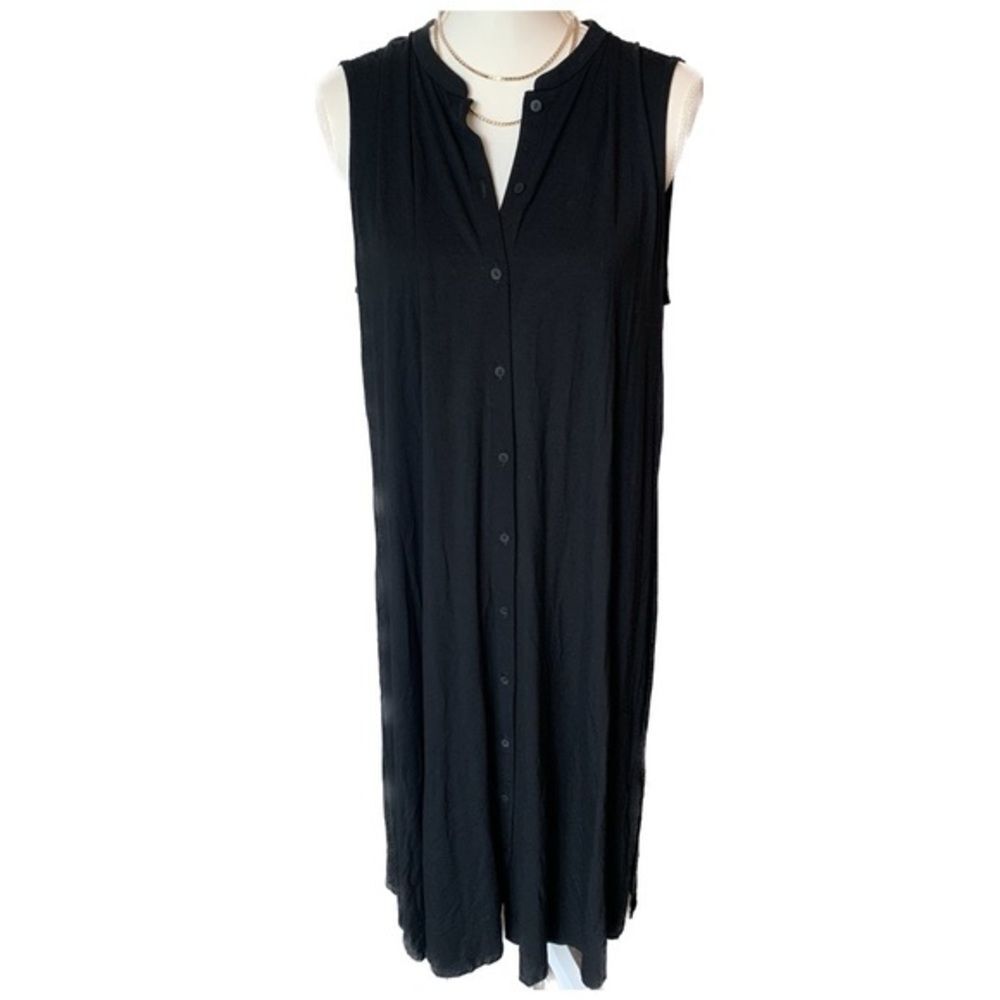 Eileen Fisher Basic Black Mandarin Collar Button Down Midi Dress